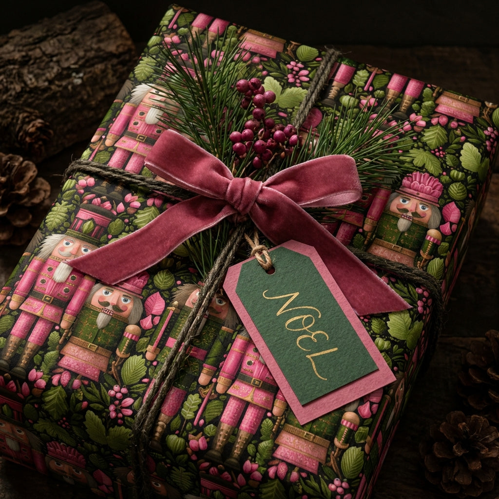 Nutcracker Christmas wrapping paper with a velvet bow and pine sprig accent.