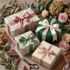 Elegant pink floral wrapping paper and green luxury gift wrap with satin ribbons, by Wrapped Studios.