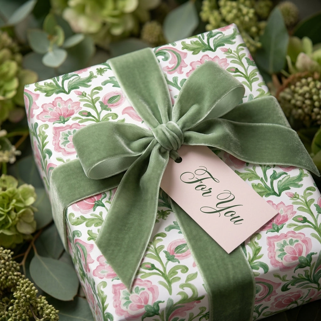 Luxury pink floral wrapping paper with a sage green velvet bow and gift tag by Wrapped Studios.