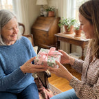 Exchanging a gift in vintage pink floral wrapping paper with a ribbon, by Wrapped Studios.