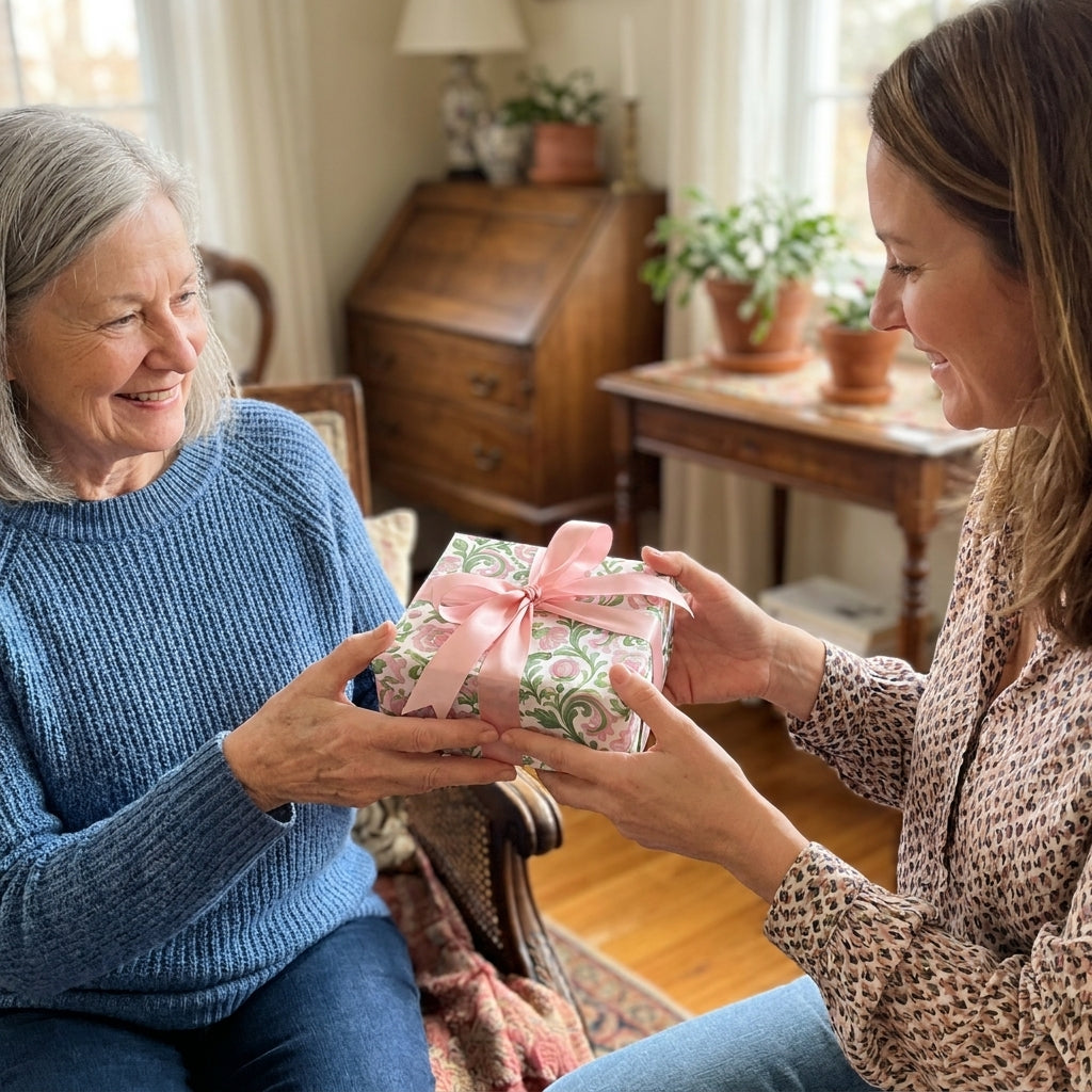 Exchanging a gift in vintage pink floral wrapping paper with a ribbon, by Wrapped Studios.