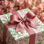 Elegant pink floral wrapping paper with a dusty rose bow on a gift box. Luxury gift wrap by Wrapped Studios.
