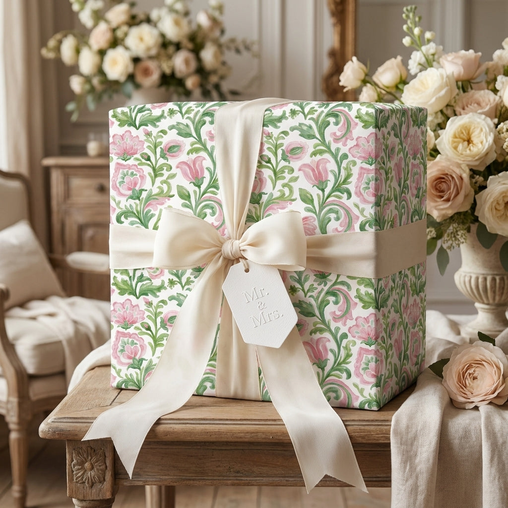 Elegant pink floral wedding wrapping paper with a cream bow and Mr. & Mrs. tag by Wrapped Studios.