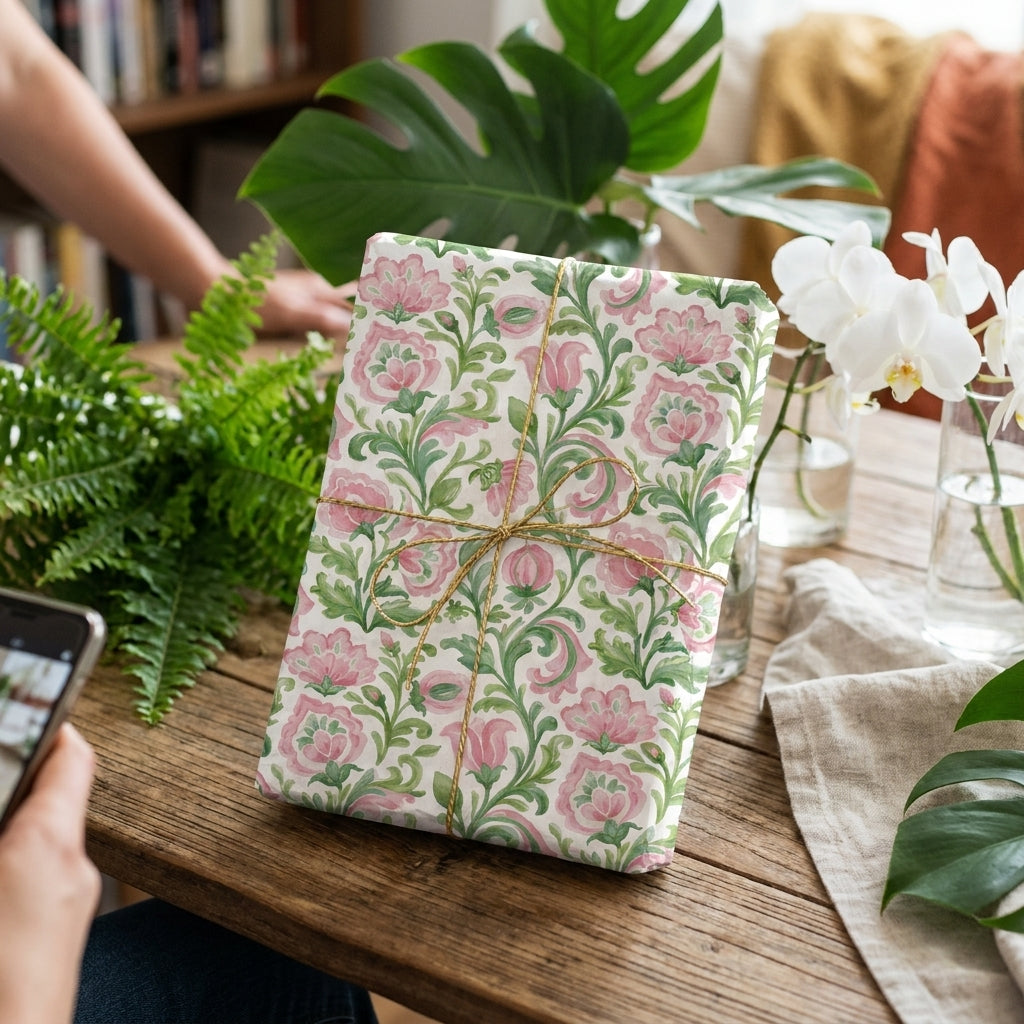 Elegant pink botanical floral wrapping paper with gold twine by Wrapped Studios.