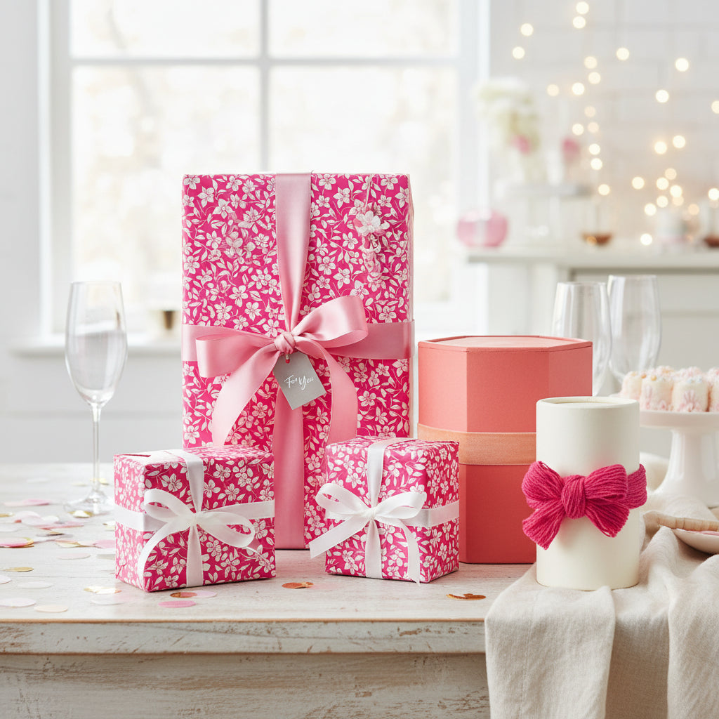 Elegant pink floral wrapping paper on gifts tied with silk ribbons.