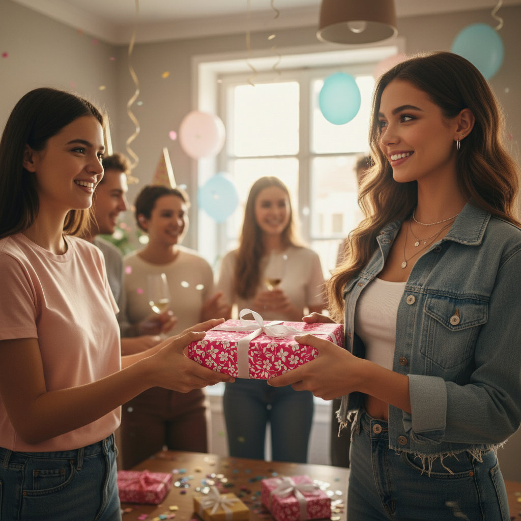 Woman receiving birthday gift wrapped in floral wrapping paper with white ribbon bow at party.