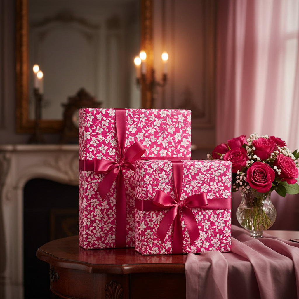 Elegant pink floral wrapping paper on gift boxes tied with matching ribbon, perfect for birthday or special occasion gifts.