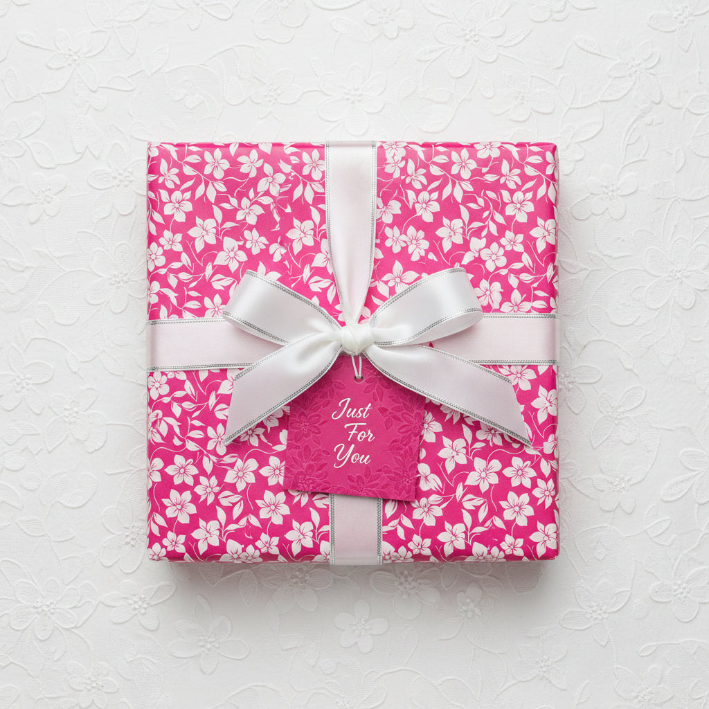 Bright pink birthday wrapping paper with floral pattern, white ribbon, and "Just For You" tag.