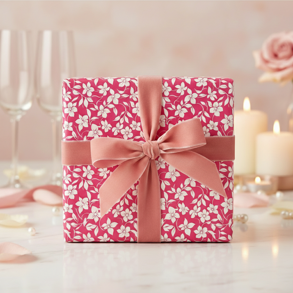 Elegant gift wrapped in red floral wrapping paper with blush velvet ribbon.