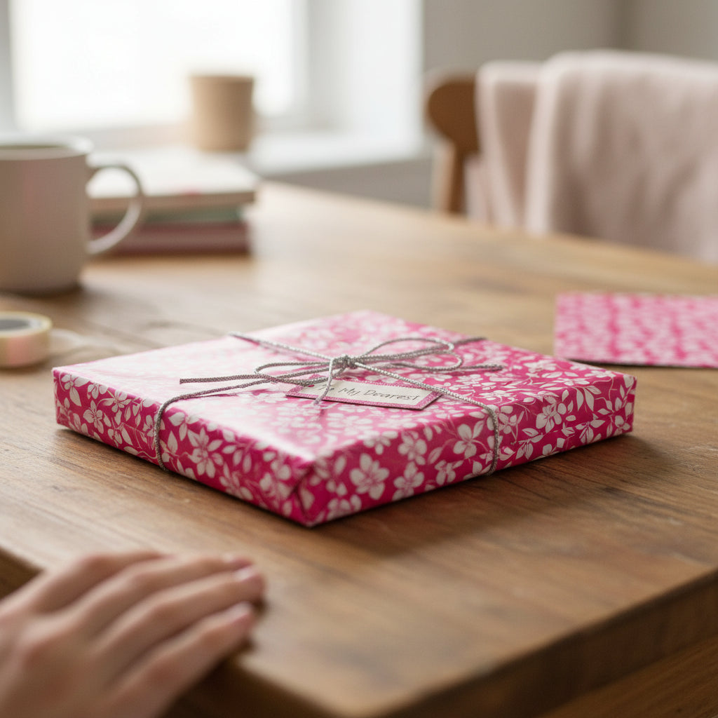 Close-up of a gift wrapped in pink floral wrapping paper with silver string, perfect for birthday or Valentine's Day presents.