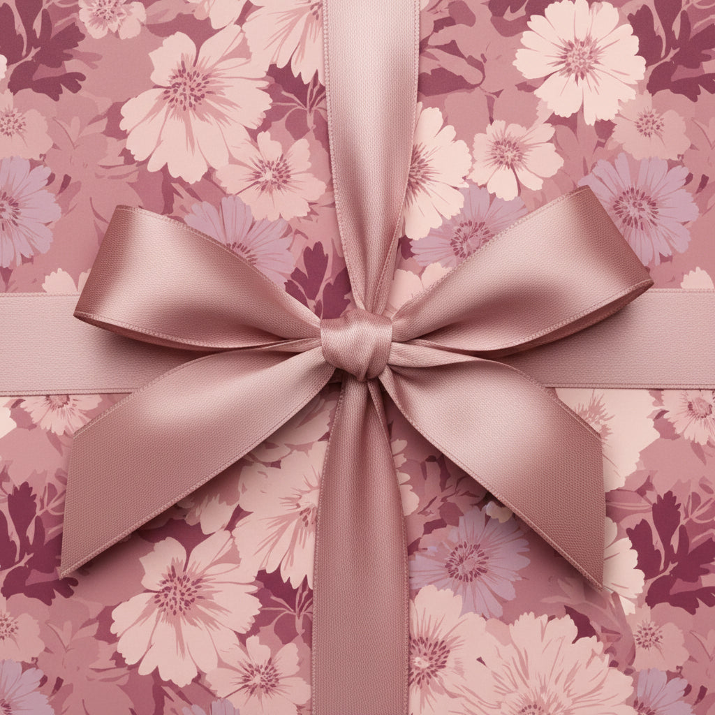 Close-up of a square gift wrapped in blush-toned floral wrapping paper with a silky, matching ribbon and bow.
