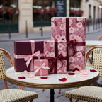 Elegant gifts wrapped in floral wrapping paper with pink and burgundy ribbons, sitting on a café table.