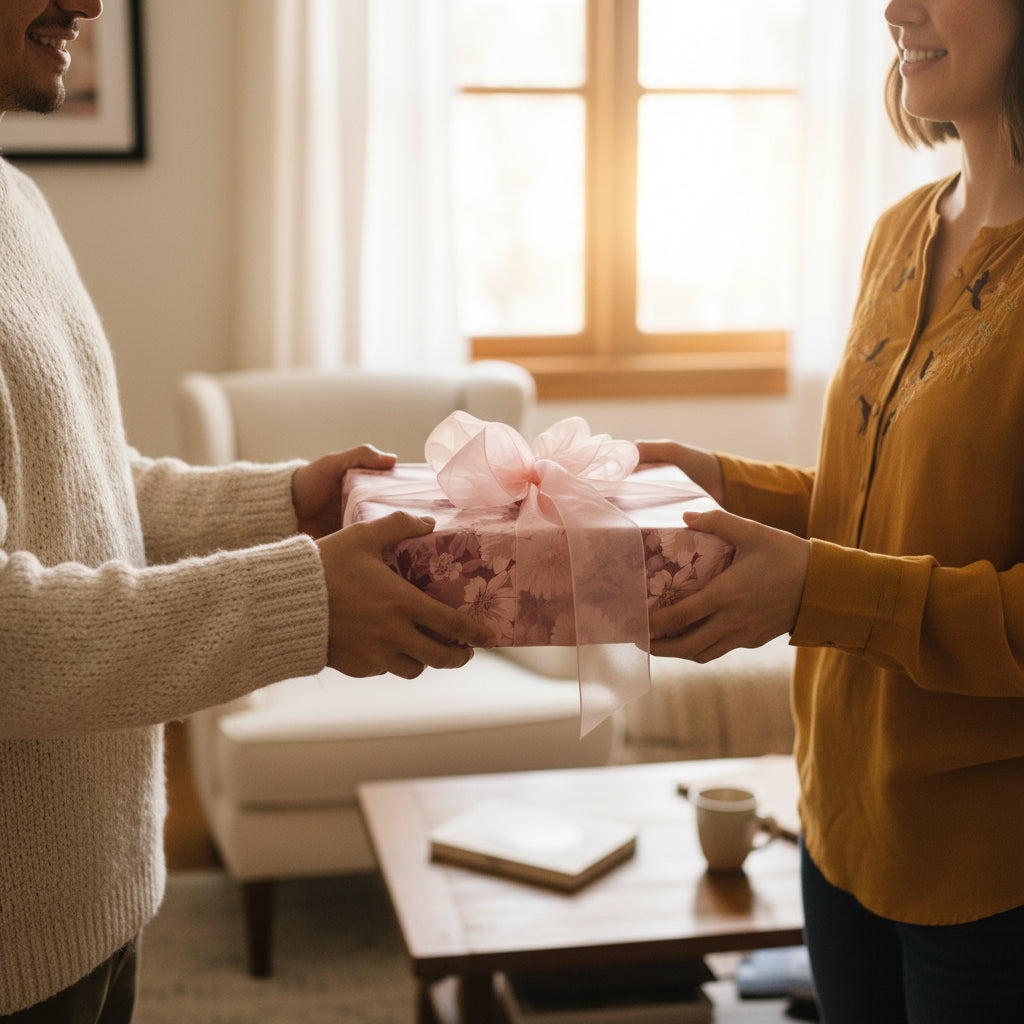 Person giving a gift wrapped in pink floral wrapping paper with a light pink ribbon.