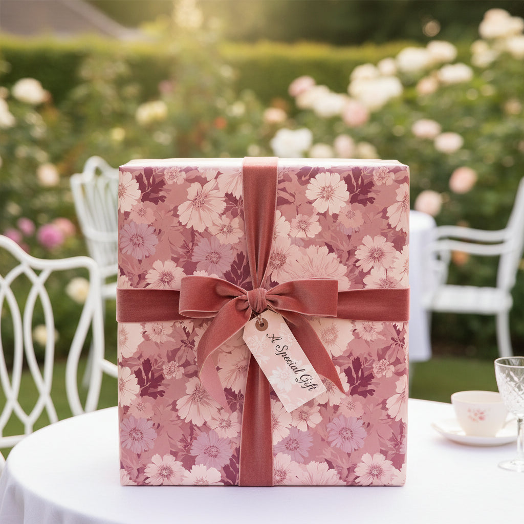 Elegant floral wrapping paper in mauve tones with velvet ribbon and "A Special Gift" tag.
