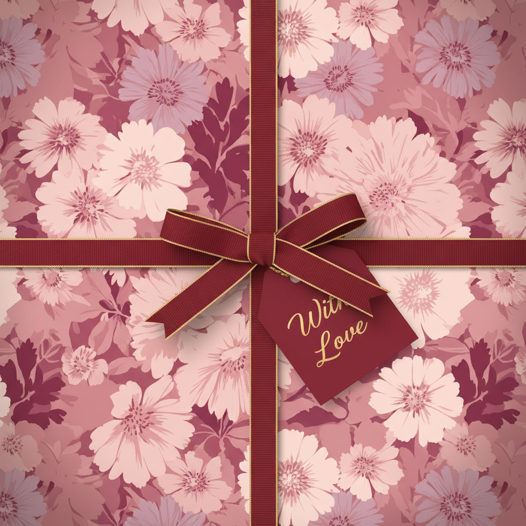 Elegant floral wrapping paper in mauve tones, tied with a burgundy ribbon and "With Love" tag.