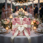 Elegant floral wrapping paper in blush tones, tied with ivory satin ribbon, for a wedding gift.
