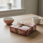 Elegant floral wrapping paper on a square gift box tied with a tan satin ribbon, for a special occasion.