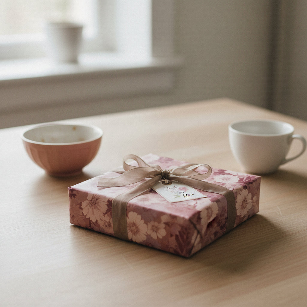 Elegant floral wrapping paper on a square gift box tied with a tan satin ribbon, for a special occasion.