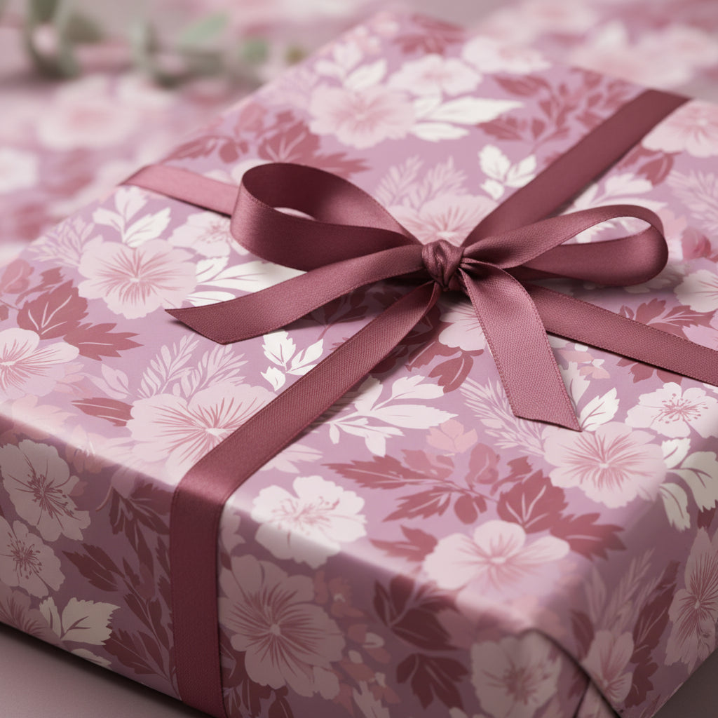 Elegant floral wrapping paper with a burgundy satin ribbon, perfect for birthday or Mother's Day gifts.