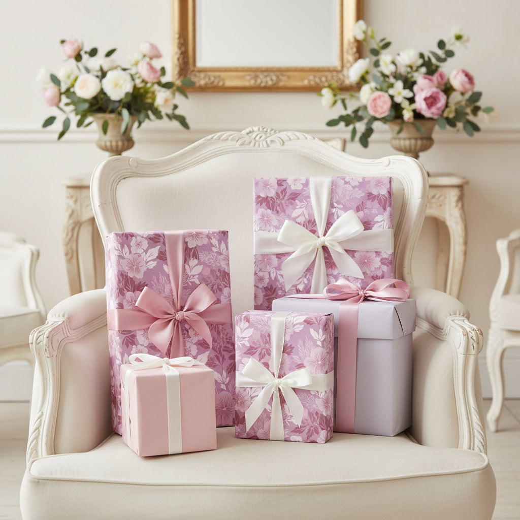 Elegant gifts wrapped in lilac floral wrapping paper with ribbons and bows for birthday or special occasion.