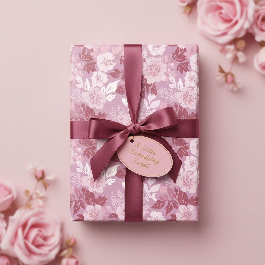 Elegant floral wrapping paper with mauve ribbon on a gift box, perfect for birthday or wedding presents.
