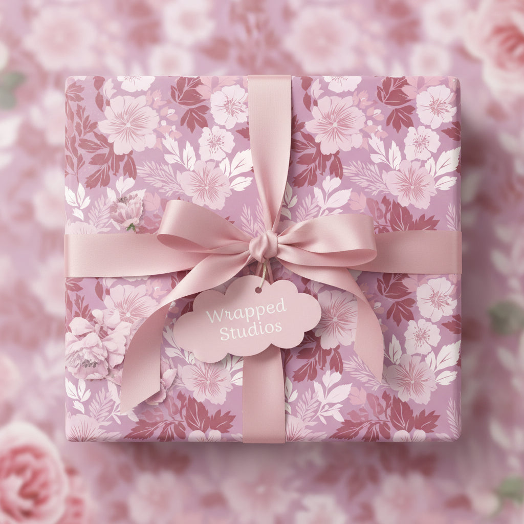 Square gift wrapped in pink floral wrapping paper, tied with a satin ribbon and bow.