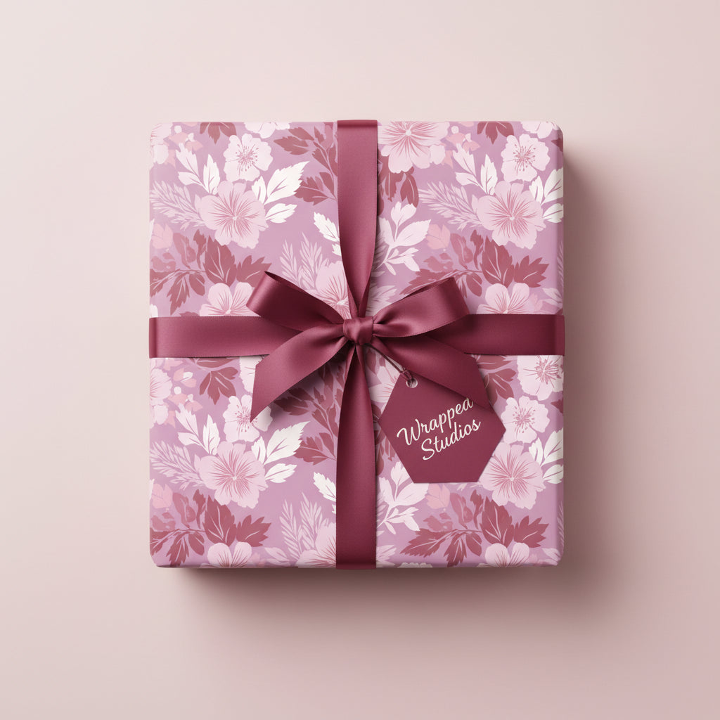 Elegant gift wrapped in pink floral wrapping paper with a burgundy satin ribbon.