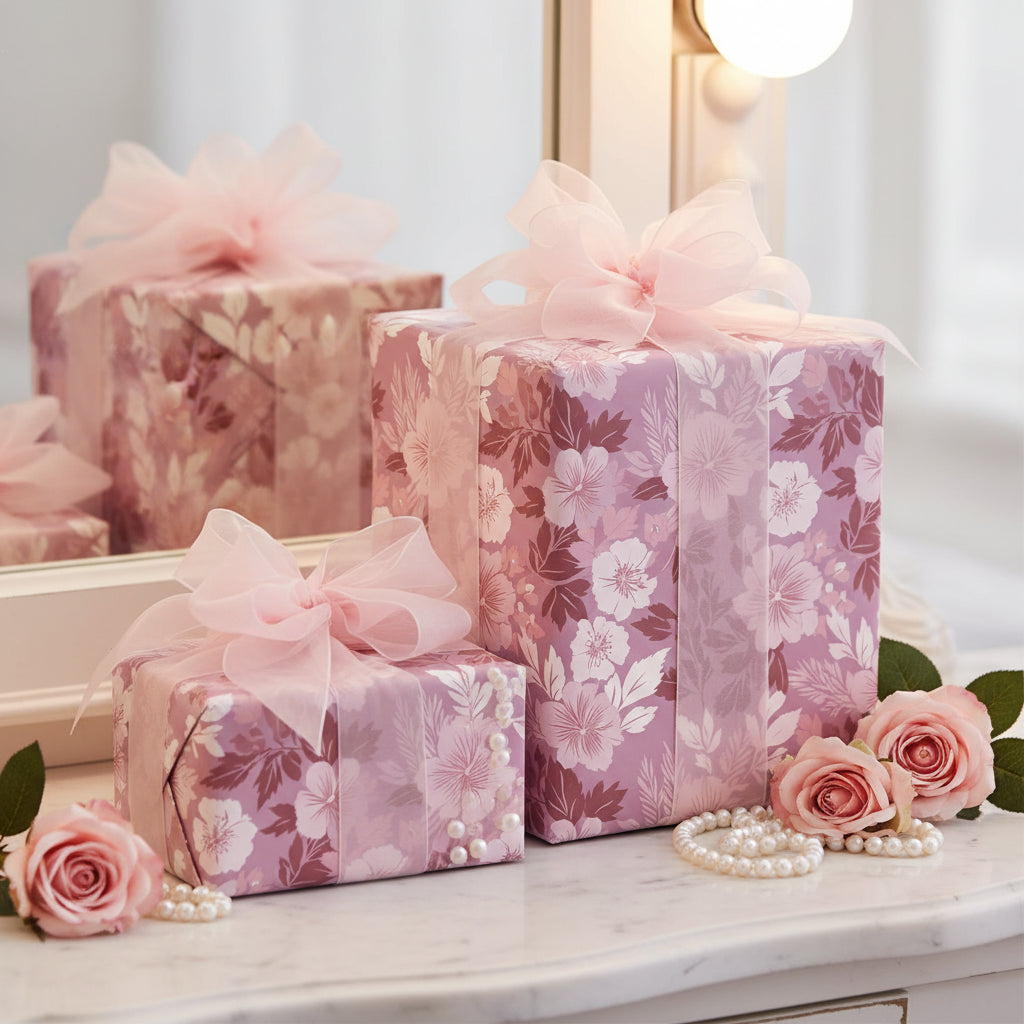 Elegant pink floral wrapping paper with sheer ribbon bows on gifts, plus roses and pearls.