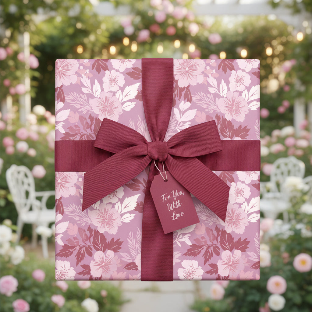 Elegant floral wrapping paper in blush tones with a burgundy ribbon and gift tag against a rose garden backdrop.