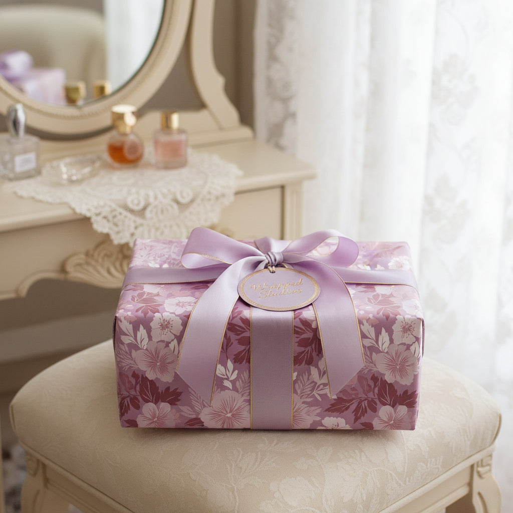 Elegant gift wrapped in purple floral wrapping paper with a satin ribbon and bow.
