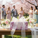 Elegant lilac wedding gift wrapped in floral wrapping paper with sheer white ribbon on outdoor table.