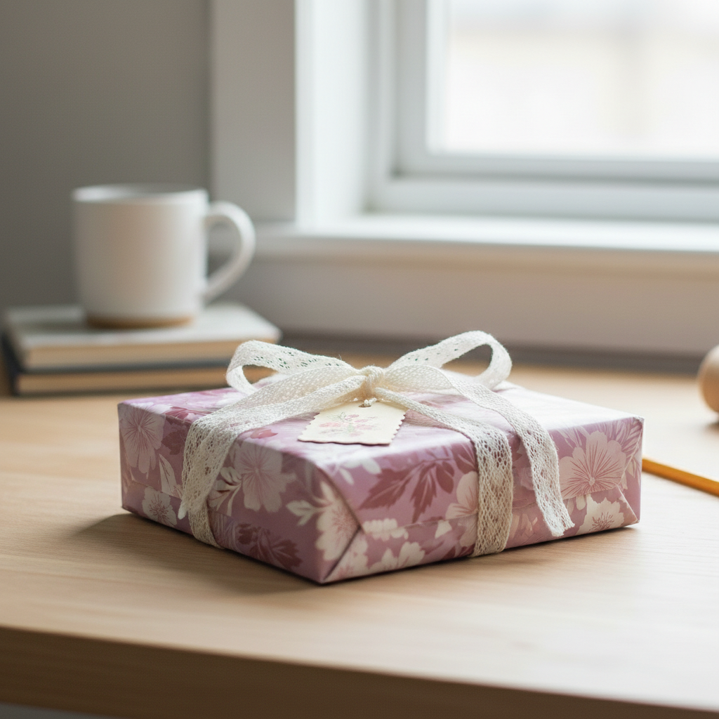 Mauve floral wrapping paper on a gift, tied with a delicate lace ribbon and floral tag.