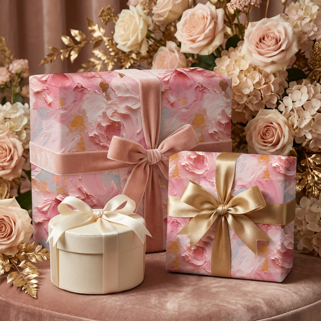 Elegant gifts wrapped in pink floral wrapping paper, tied with velvet and satin ribbons.