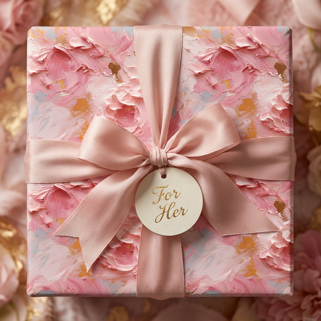Elegant floral wrapping paper for her with a pink satin ribbon and "For Her" tag.