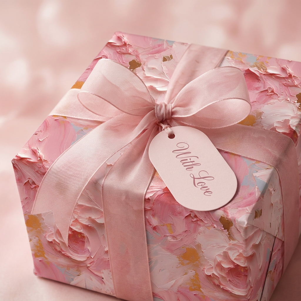 Blush pink floral wrapping paper from Wrapped Studios with a silk ribbon and "With Love" tag.