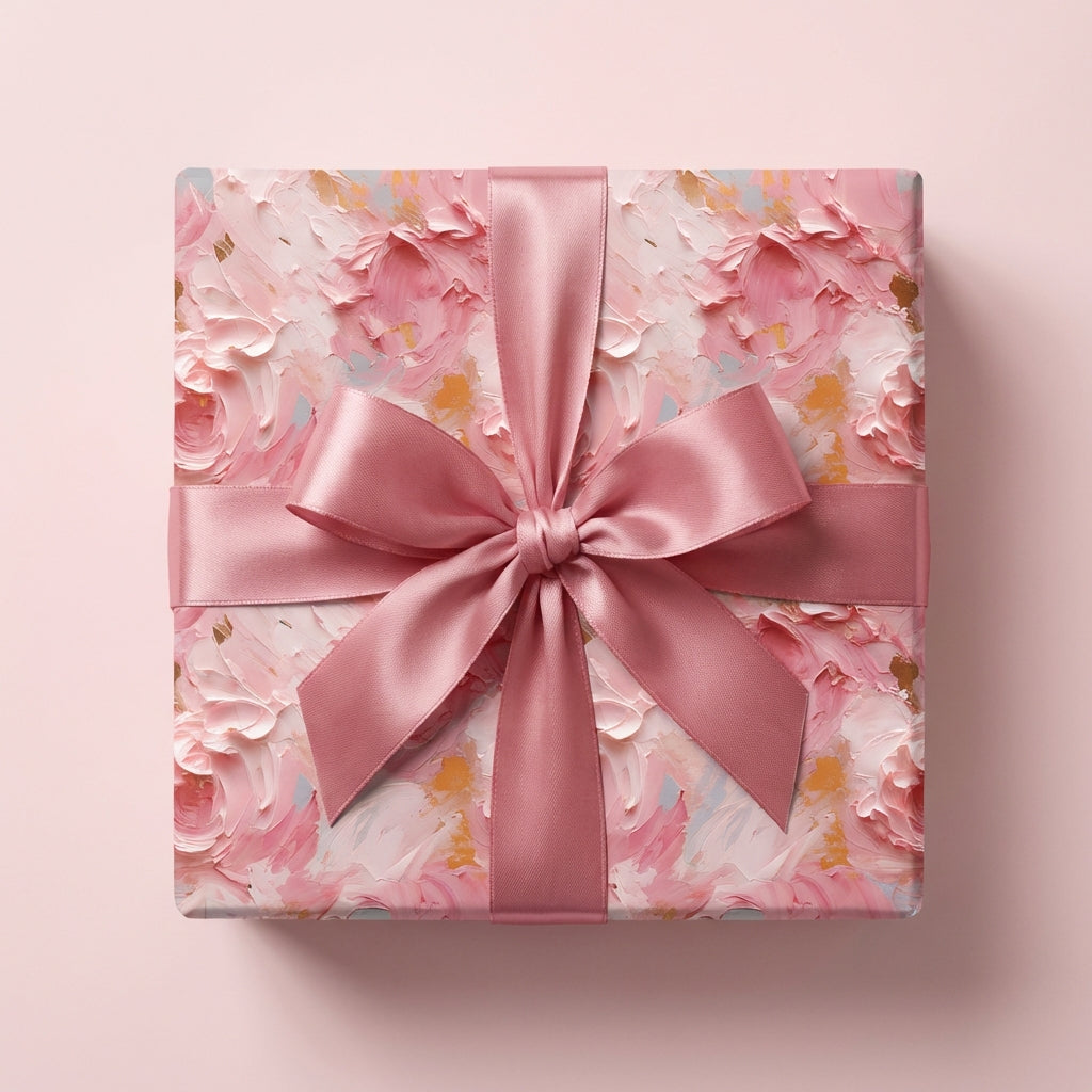 Elegant gift box in painted pink floral wrapping paper with a satin ribbon bow, from Wrapped Studios.