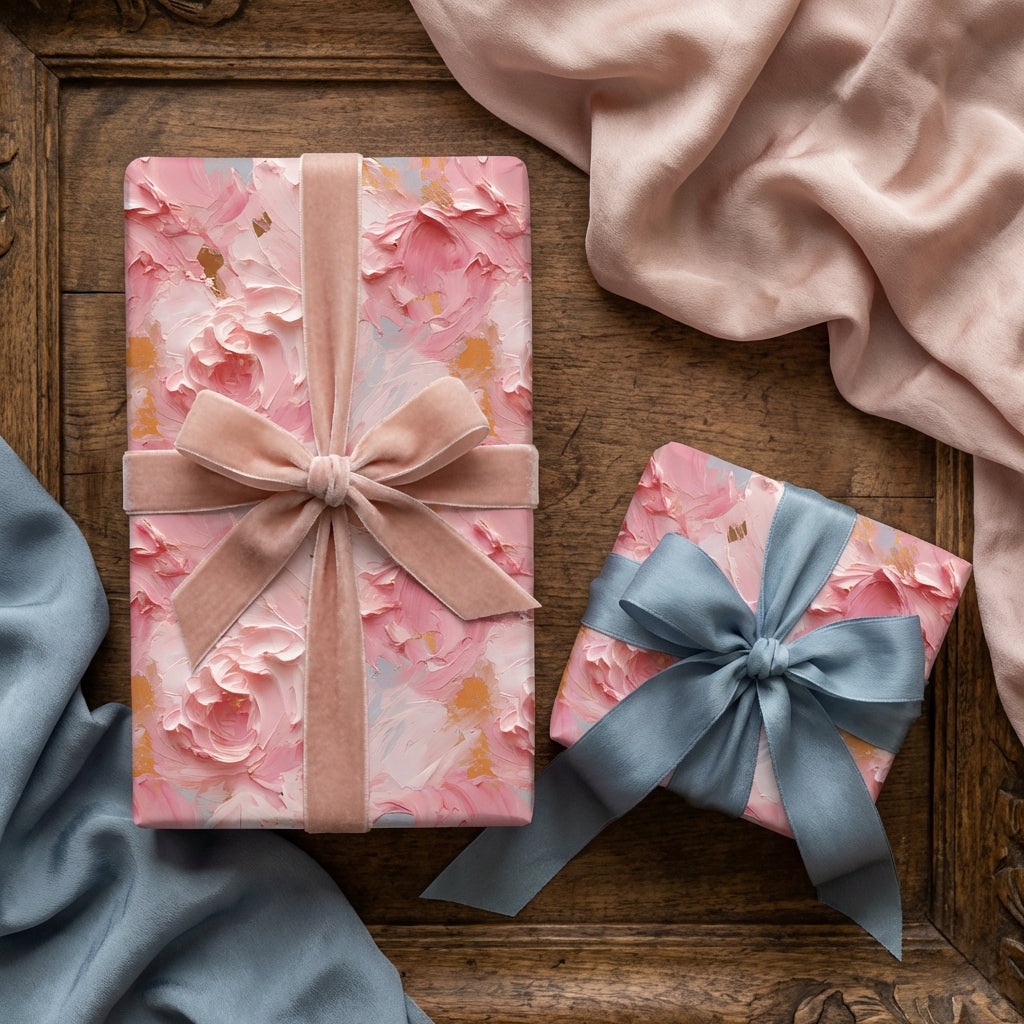 Elegant gifts wrapped in pink floral wrapping paper with velvet ribbon on a wooden tray.