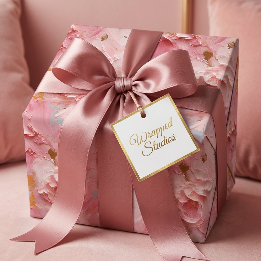 Wrapped Studios luxury gift wrap: pink floral wrapping paper with satin ribbon.