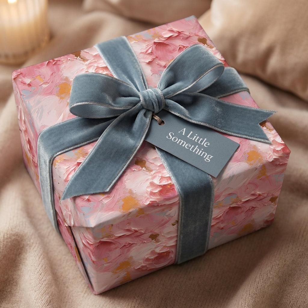 Elegant pink floral wrapping paper with blue velvet ribbon and "A Little Something" tag.