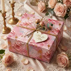 Elegant wedding gift wrapped in pink floral wrapping paper, gold twine, and "Mr. & Mrs." tag.