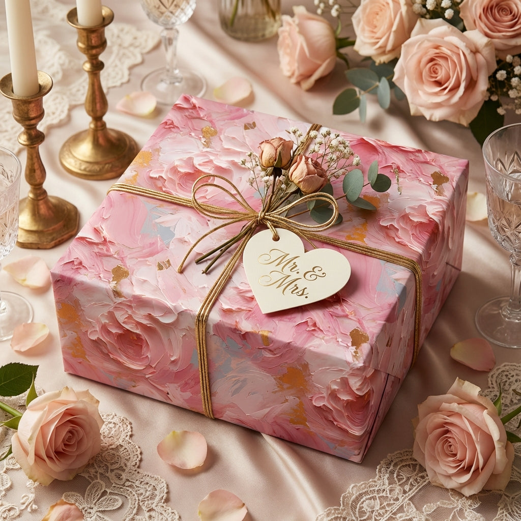 Elegant wedding gift wrapped in pink floral wrapping paper, gold twine, and "Mr. & Mrs." tag.