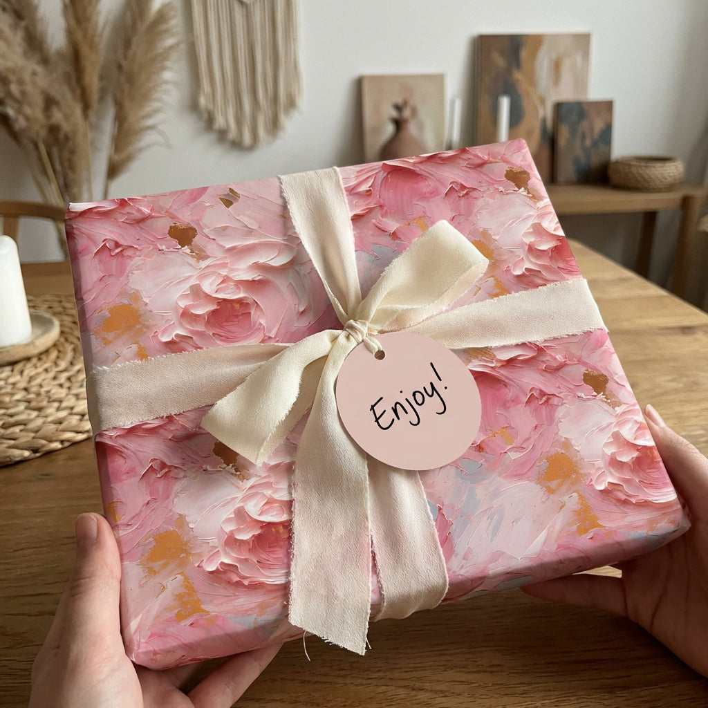 Hands holding a gift in pink floral wrapping paper with ribbon and tag. Wrapped Studios.