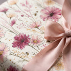 Watercolor floral wrapping paper with pink flowers and a matching satin bow, luxury gift wrap by Wrapped Studios.