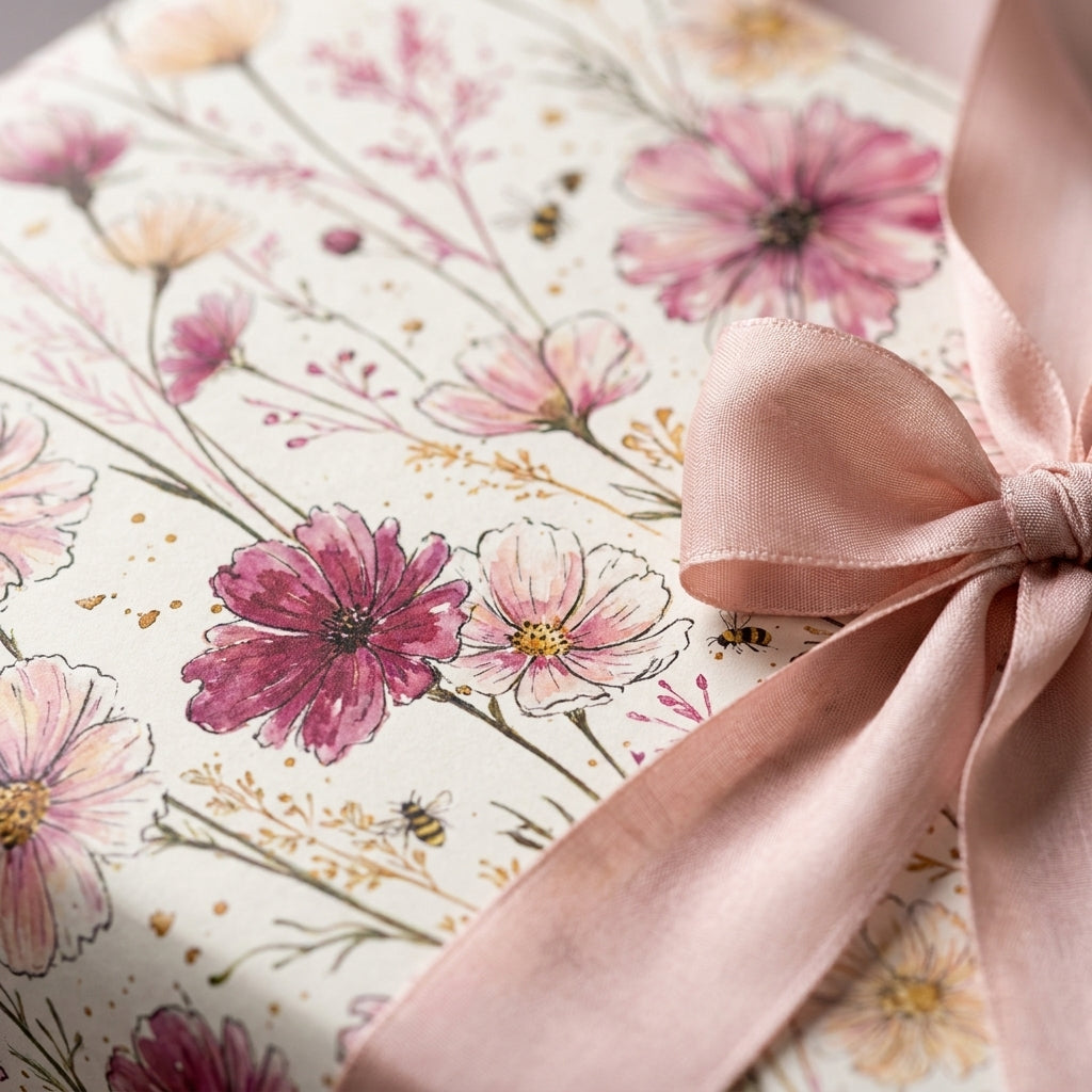 Watercolor floral wrapping paper with pink flowers and a matching satin bow, luxury gift wrap by Wrapped Studios.