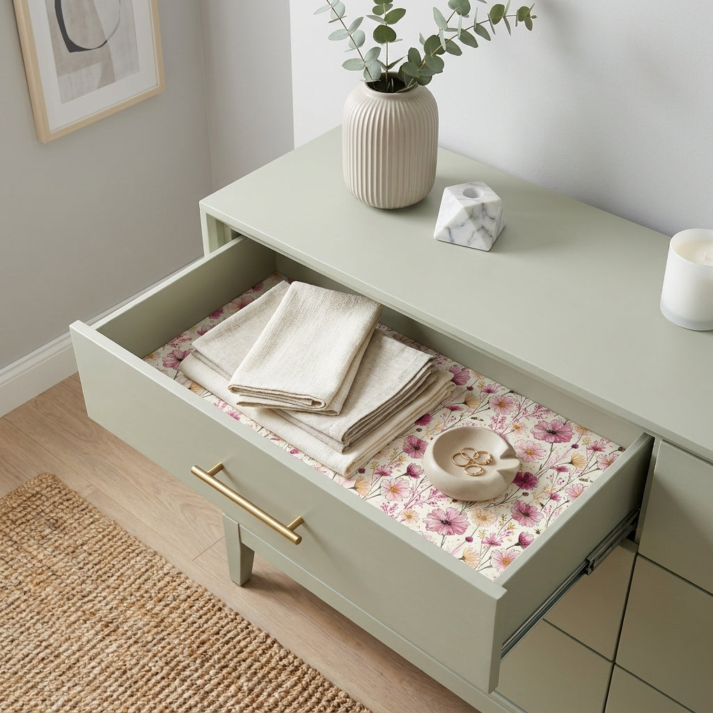 Elegant pink floral wrapping paper used as a dresser drawer liner, by Wrapped Studios.
