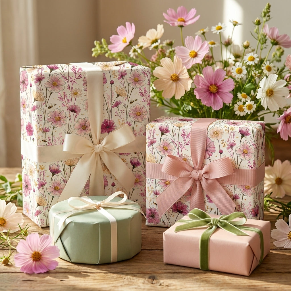 Wildflower floral wrapping paper and pastel gift boxes with elegant ribbons by Wrapped Studios.