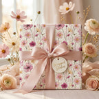 Elegant pink floral wrapping paper by Wrapped Studios on a gift box with a dusty rose satin bow.