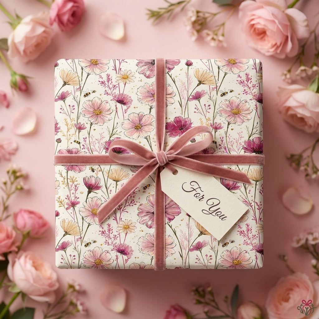 Luxury pink floral wrapping paper with a velvet bow and "For You" tag by Wrapped Studios.