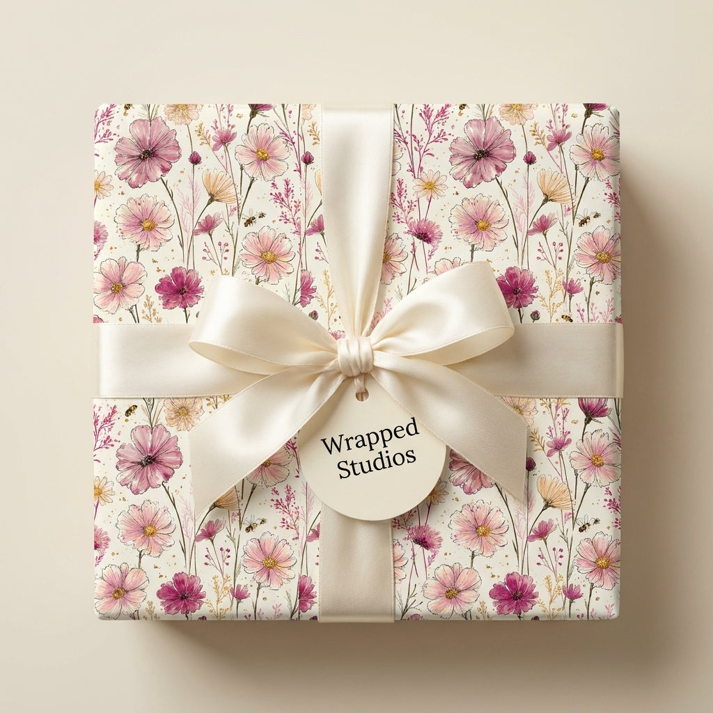 Botanical pink floral wrapping paper with a cream satin bow, luxury gift wrap by Wrapped Studios.