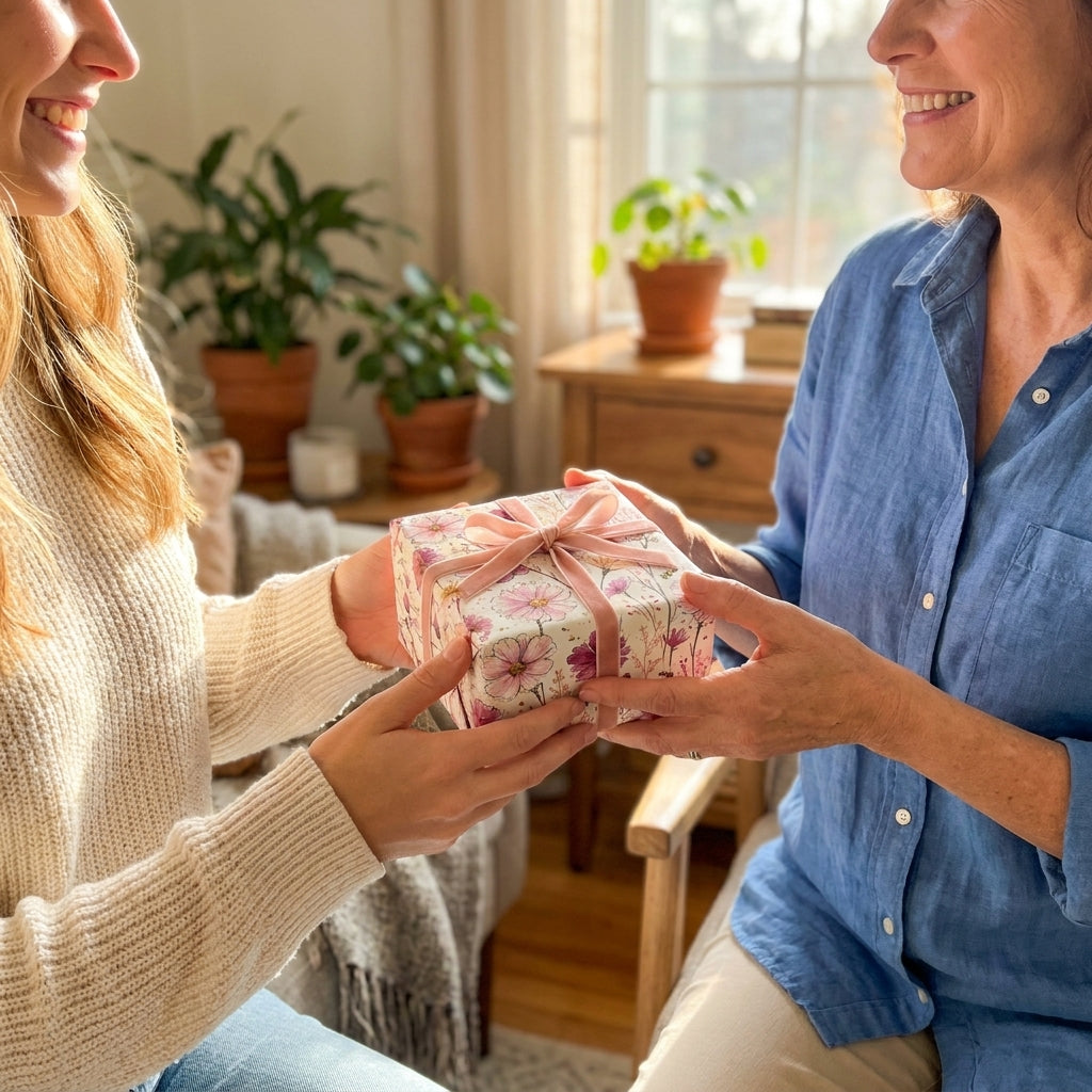 Two women exchanging a gift wrapped in pink floral wrapping paper with velvet bow by Wrapped Studios.